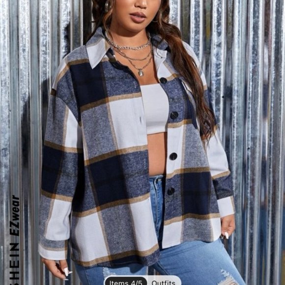 Shein Curve Plaid Flap Pocket Shacket - Picture 5 of 11